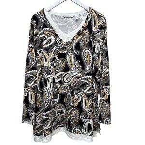 ISAAC MIZRAHI Live Womens Top Plus Size 3X Layered Look Tee Black Beige Paisley